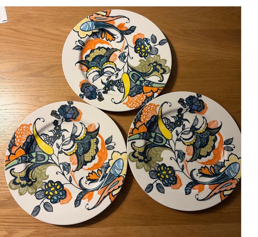 Set Of 3 Anthropologie Dinner Plates Multicolor Floral Paisley 10 3/4" RARE